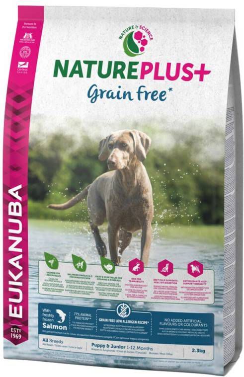 Afslachten bar Dij Eukanuba Natureplus+ Puppy Grainfree All Breeds Zalm&Gevogelte Hondenvoer  2.3 kg - Voorbeesjes.nl