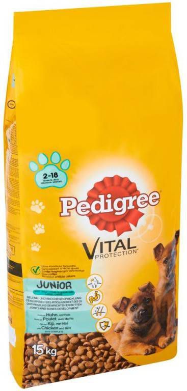 Pedigree 20% korting! 13 kg/15 kg Hondenvoer Junior Maxi met Kip & Rijst(15  kg ) - Voorbeesjes.nl